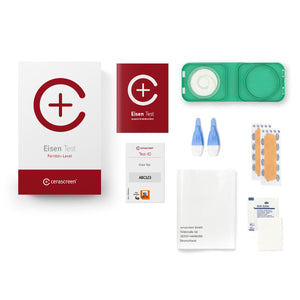 Inhalt des Eisen Testkits von cerascreen: Verpackung, Anleitung, Lanzetten, Plfaster, Trockenblutschatulle, Desinfektionstuch, Rücksendeumschlag