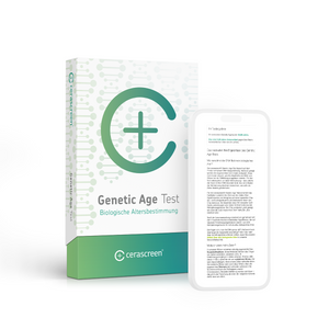 Verpackung des cerascreen Genetic Age Tests und Smartphone-Display mit Vorschau des Testergebnisses