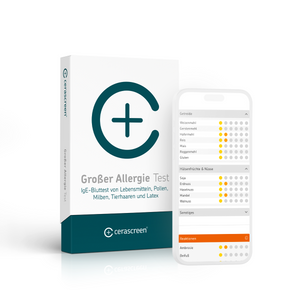 Verpackung des cerascreen Großen Allergietests und Smartphone-Display mit Vorschau des Testergebnisses.