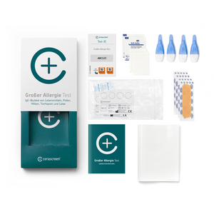 Inhalt des Großer Allergietestkits von cerascreen: Verpackung, Anleitung, Lanzetten, Plfaster, Trockenblutkarte, Desinfektionstuch, Rücksendeumschlag