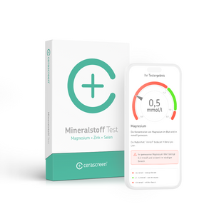 Verpackung des cerascreen Mineralstoff Tests und Smartphone-Display mit Vorschau des Testergebnisses