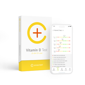 Verpackung des cerascreen Vitamin D Tests und Smartphone-Display mit Vorschau des Testergebnisses